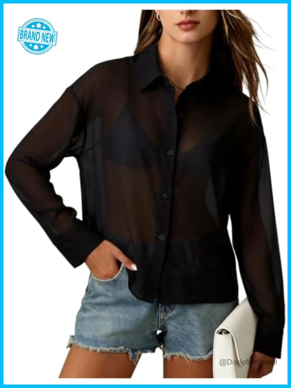 Sheer Long Sleeve Collared Button Down Loose Shirt Cropped Blouse